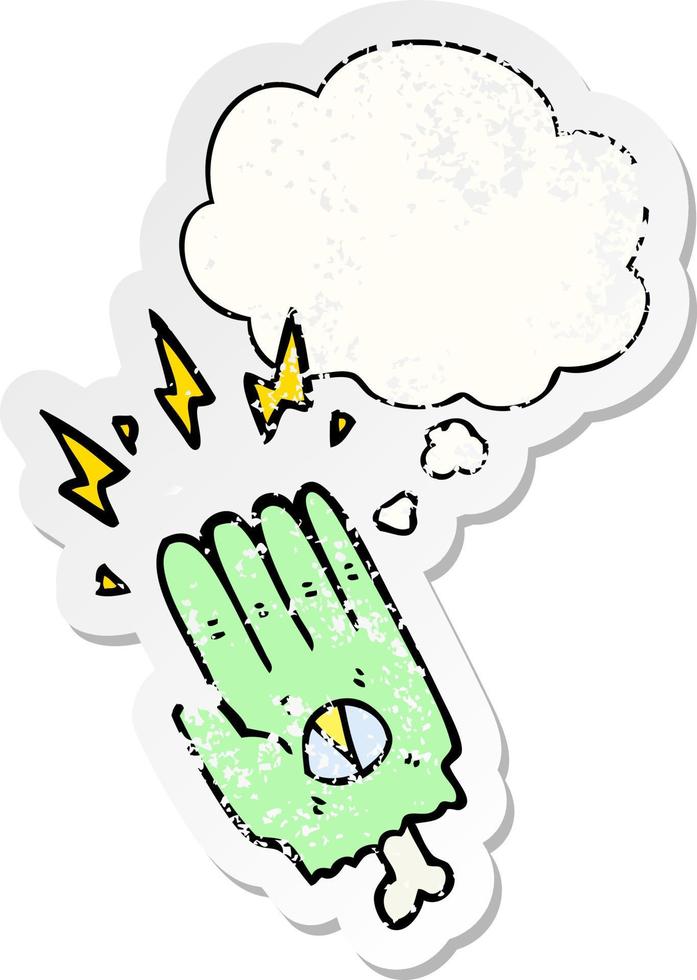 spooky halloween zombie hand and thought bubble as a distressed worn sticker vector