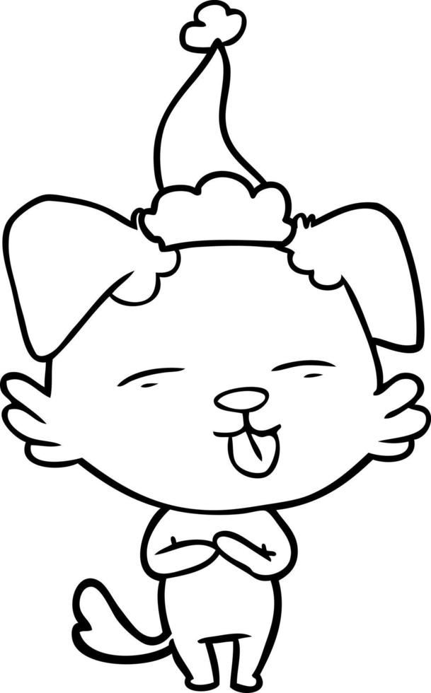 line drawing of a dog sticking out tongue wearing santa hat vector
