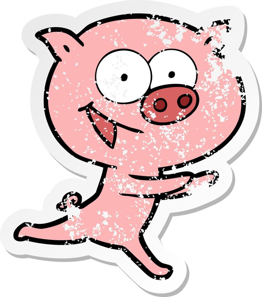 distressed sticker of a cheerful pig cartoon vector