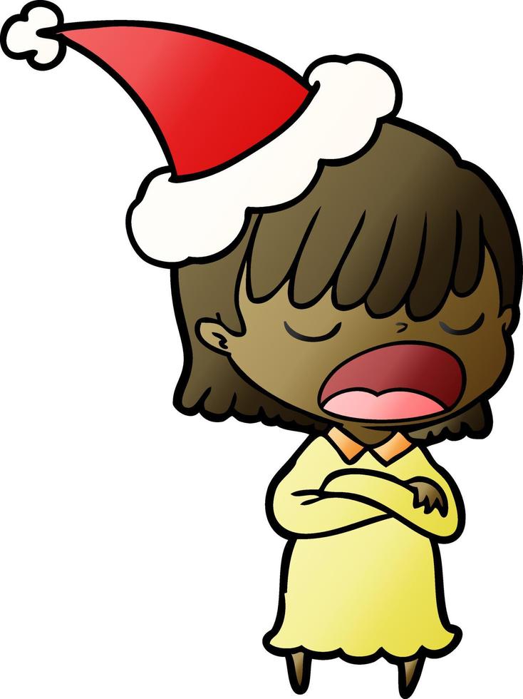 gradient cartoon of a woman talking loudly wearing santa hat vector