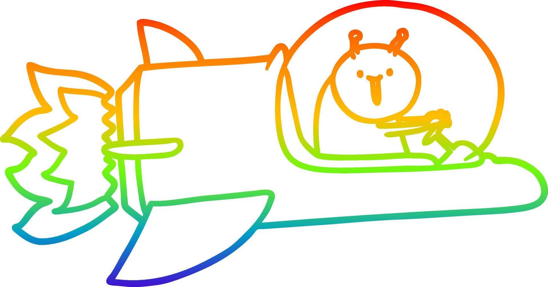 rainbow gradient line drawing cartoon alien in spaceship vector