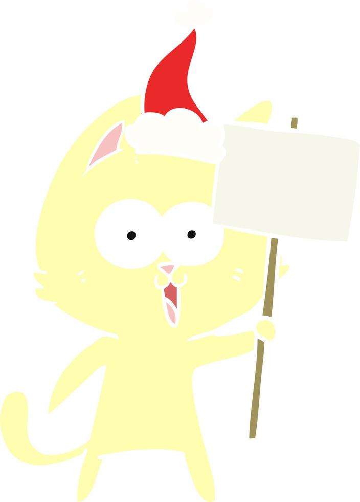 divertida ilustración a color plano de un gato con un cartel con gorro de Papá Noel vector