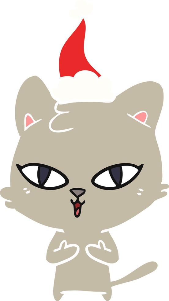 flat color illustration of a cat wearing santa hat vector