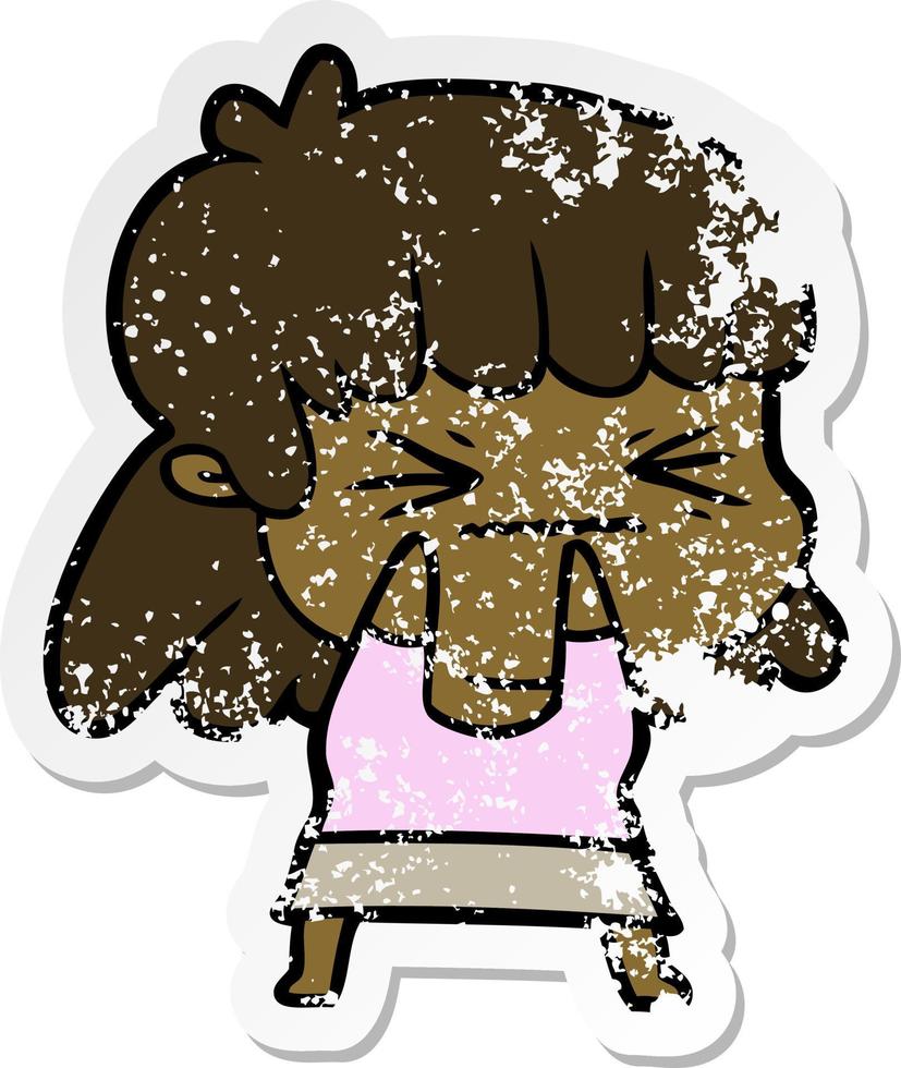 distressed sticker of a cartoon angry girl vector