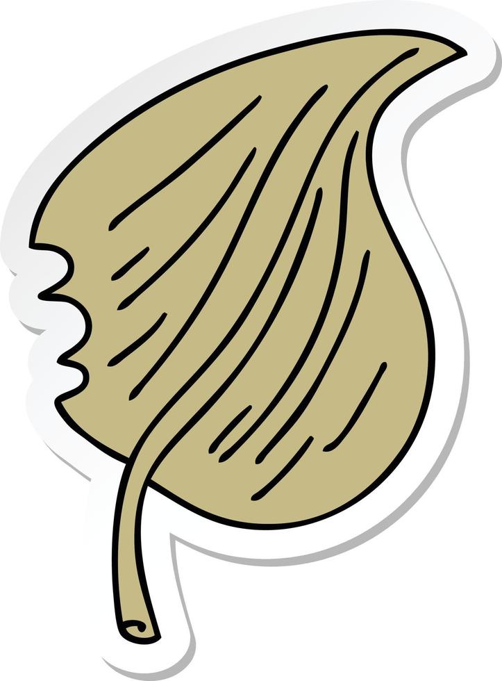 pegatina de una peculiar hoja masticada de dibujos animados dibujados a mano vector