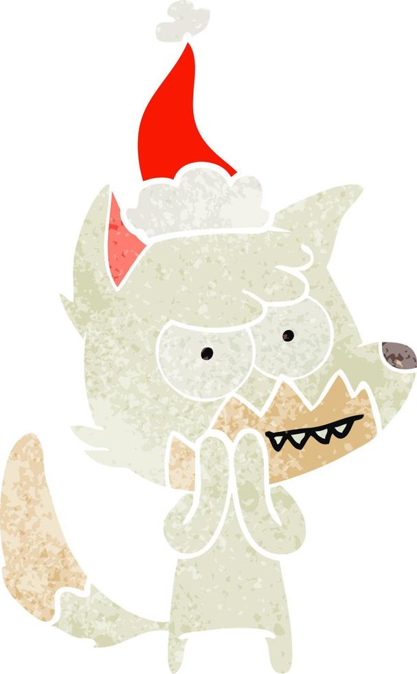 retro cartoon of a grinning fox wearing santa hat vector