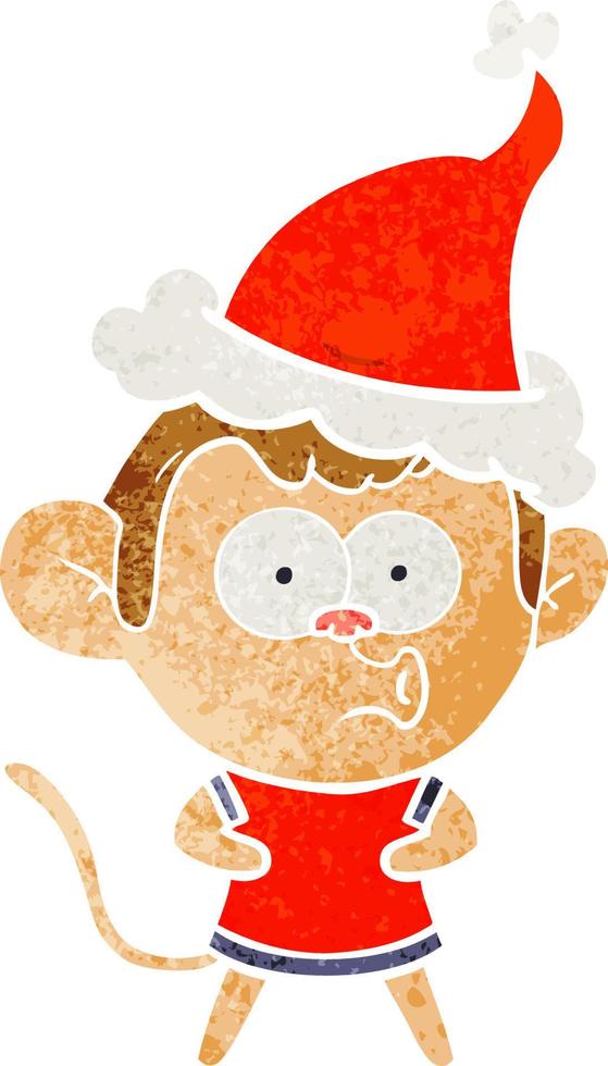 retro cartoon of a surprised monkey wearing santa hat vector