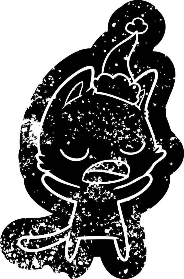 talking cat cartoon distressed icon of a wearing santa hat vector