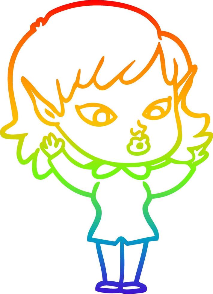 rainbow gradient line drawing pretty cartoon elf girl vector