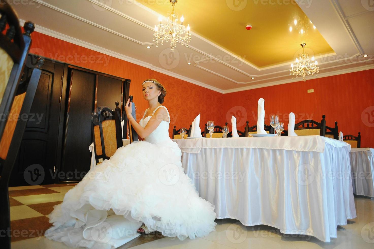 bride with tiara pose at the restauraunt photo