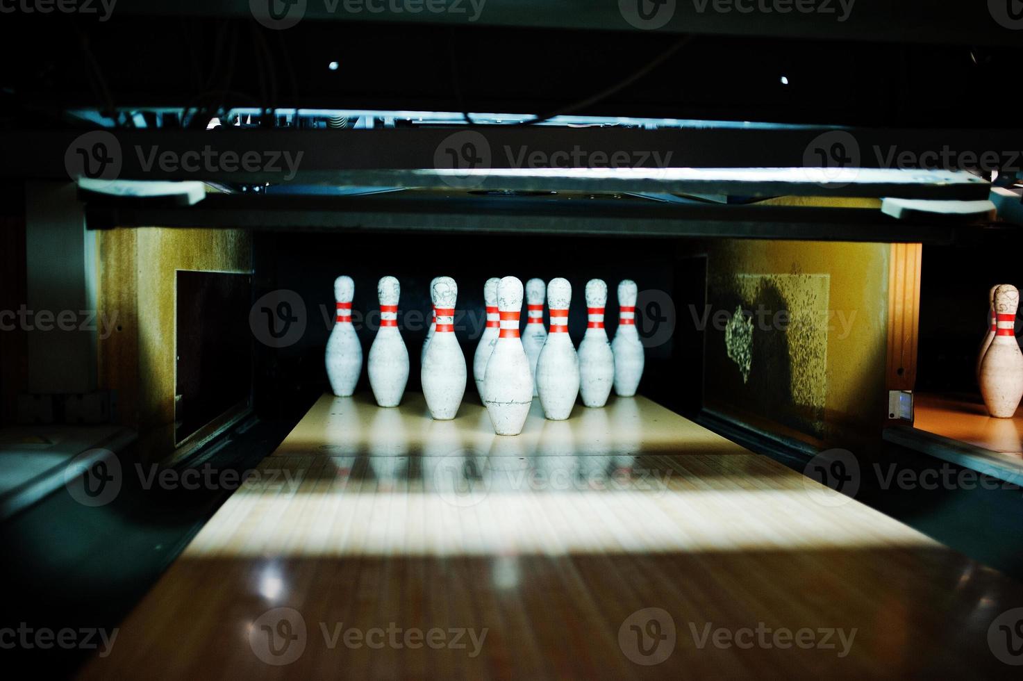 Close up of ten pins at bowling club. photo