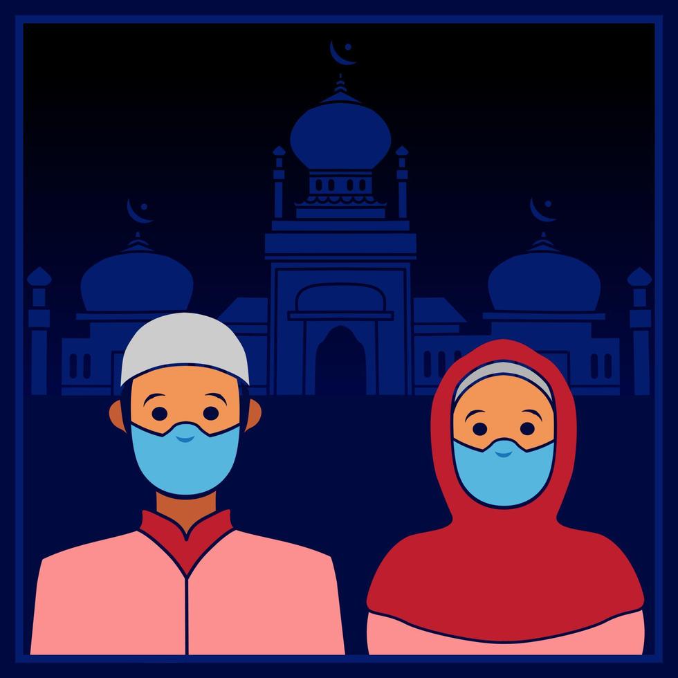 Happy eid mubarak cartoon. Vector illustration of a Muslim  couple blessing Eid mubarak.