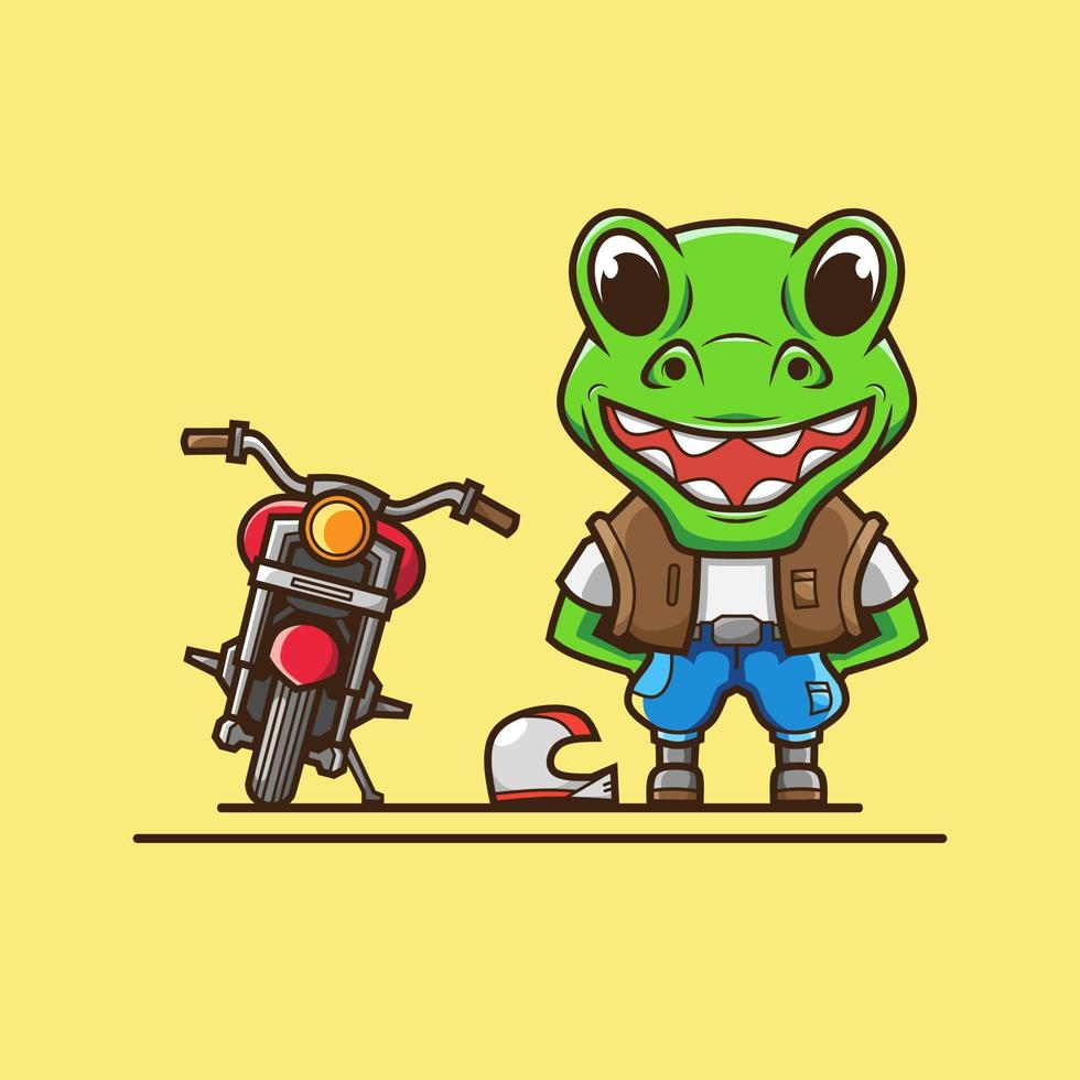 Cute dinosaur biker character logo. Abstract vector illustration.