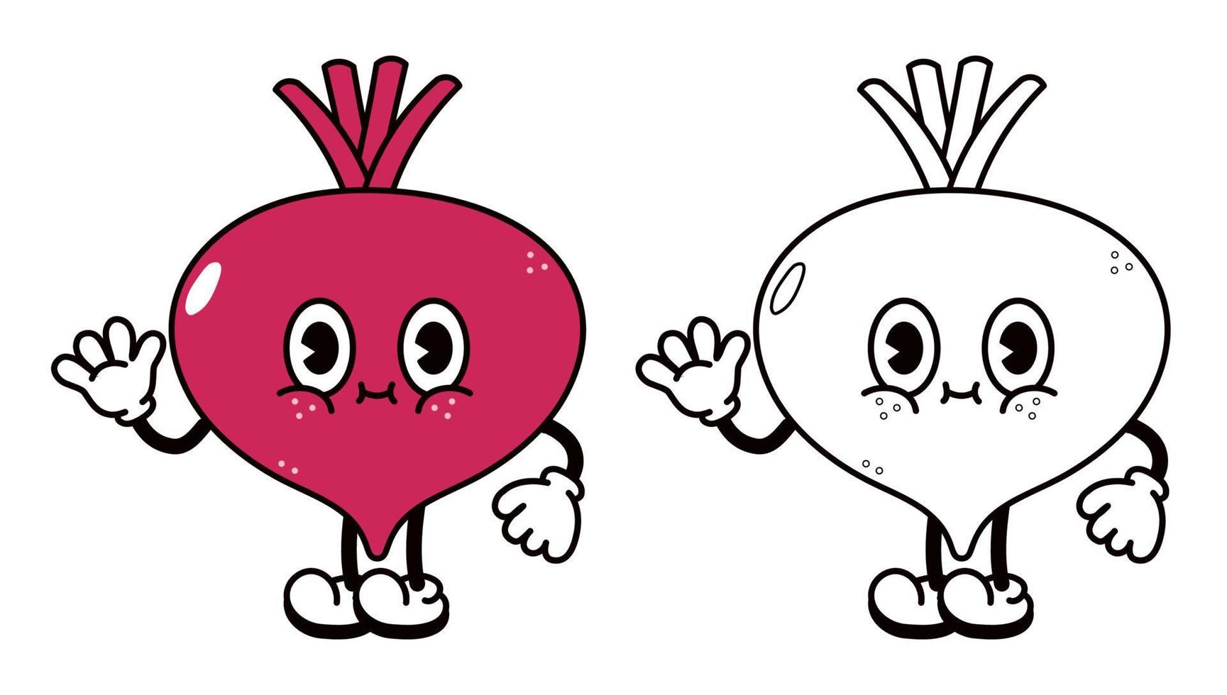 Cute funny beet waving hand character outline cartoon illustration for coloring book. Vector hand drawn traditional cartoon vintage, retro, beet character. Isolated on white background