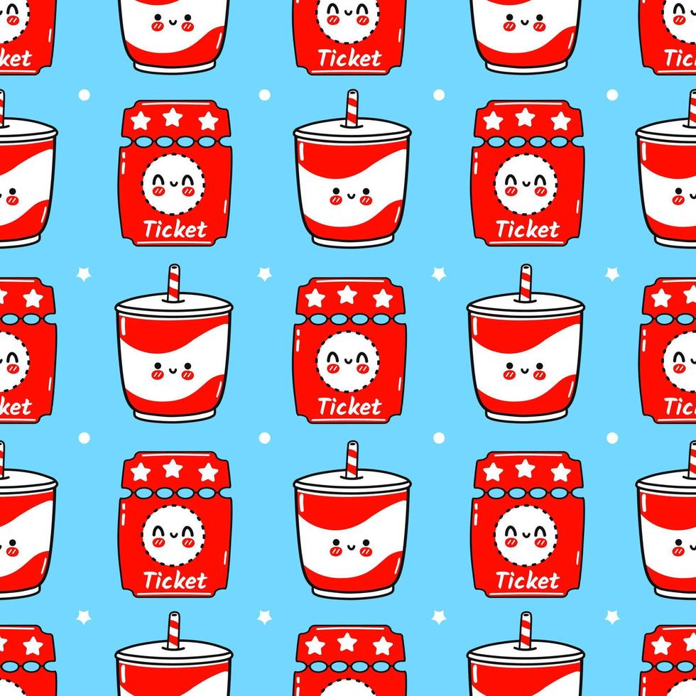 Funny cute happy ticket and cold drink seamless pattern characters. Vector kawaii line cartoon style illustration. Cute ticket and cold drink pattern