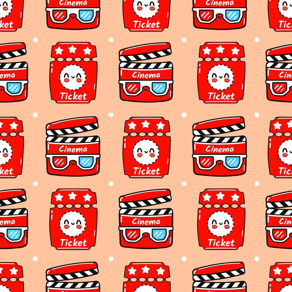 Funny cute happy ticket and movie clapper seamless pattern characters. Vector kawaii line cartoon style illustration. Cute ticket and movie clapper pattern