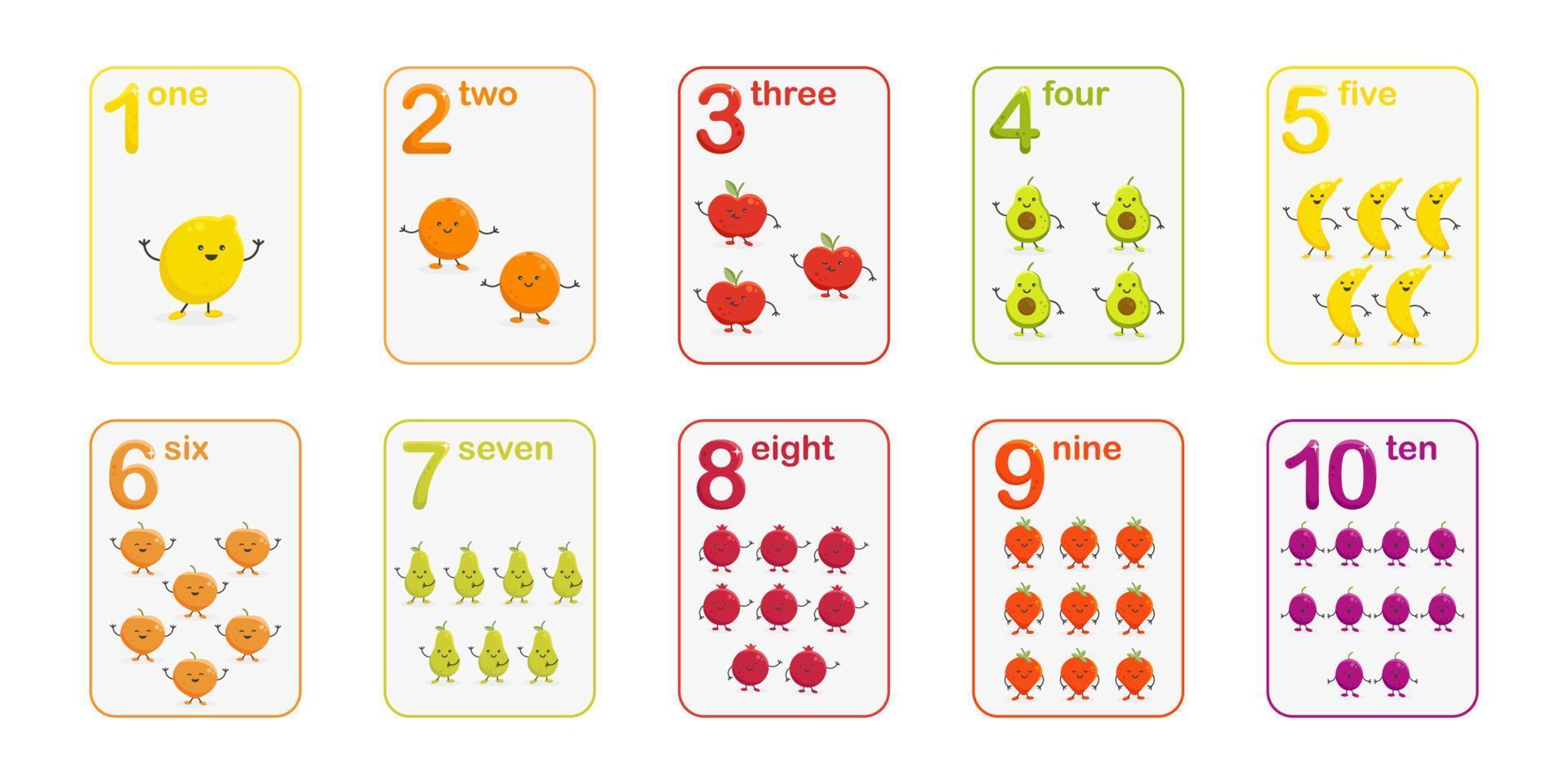 number flashcards with cartoon fruits and berries for kids vector