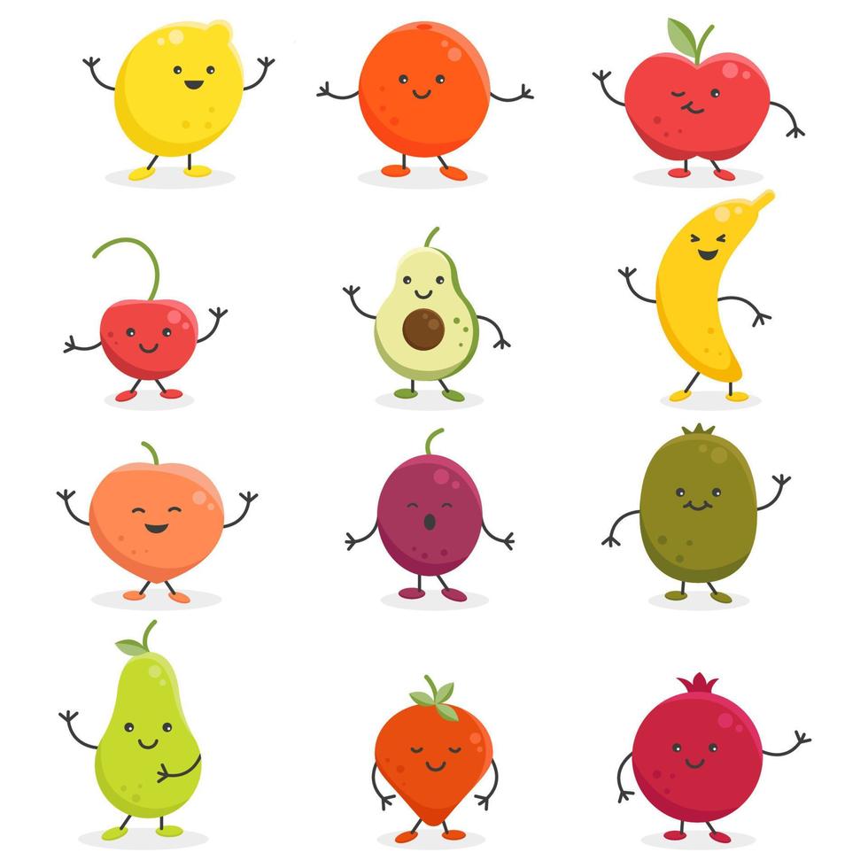 conjunto de vectores de frutas y bayas de dibujos animados lindos con diferentes emociones