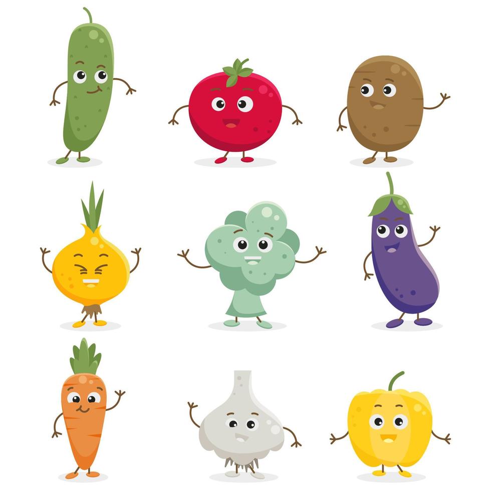 conjunto de vectores de verduras de dibujos animados lindo con diferentes emociones