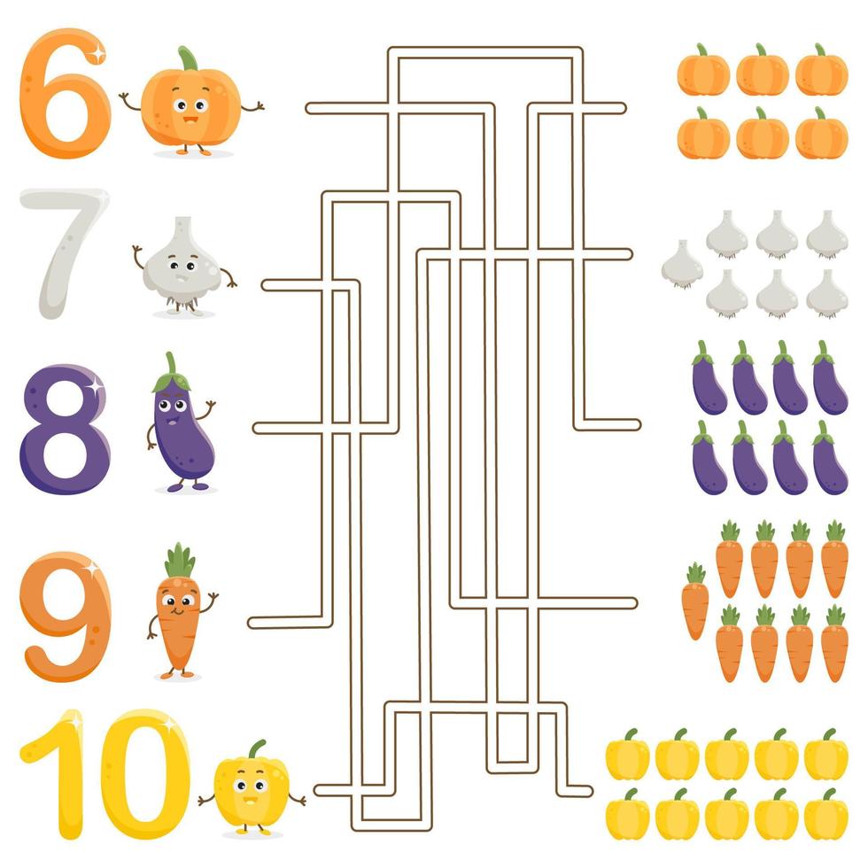 educational maze game for kids with numbers and cartoon vegetables vector