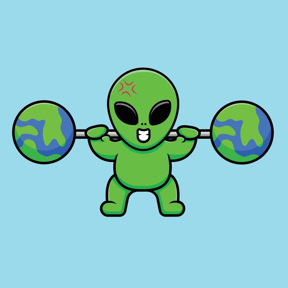Cute Alien Lifting Earth Barbell Cartoon Vector Icon Illustration. Science Sport Icon Concept Isolated Premium Vector.