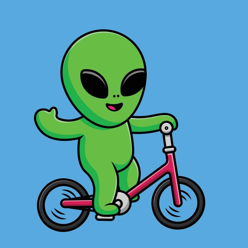 Cute Alien Riding Bicycle Cartoon Vector Icon Illustration. Science Sport Icon Concept Isolated Premium Vector.