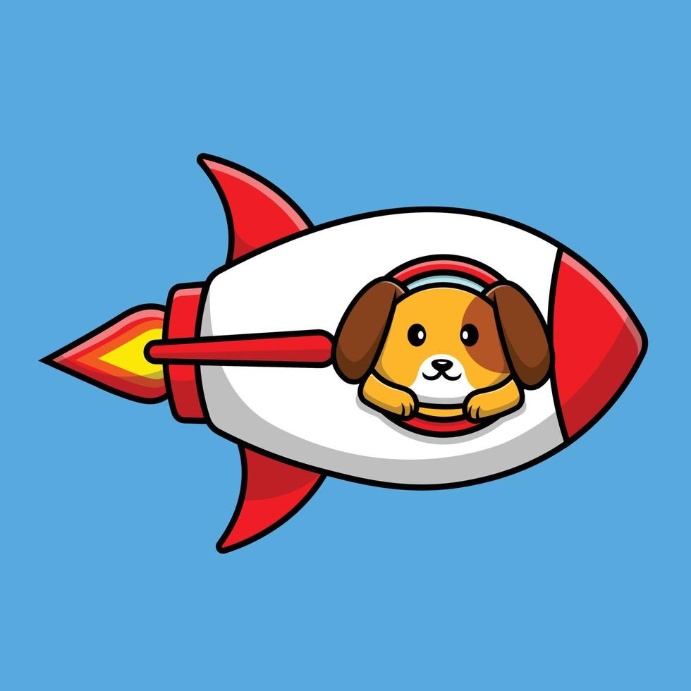 lindo perro en la ilustración de icono de vector de dibujos animados de cohete. concepto de icono de tecnología animal vector premium aislado.