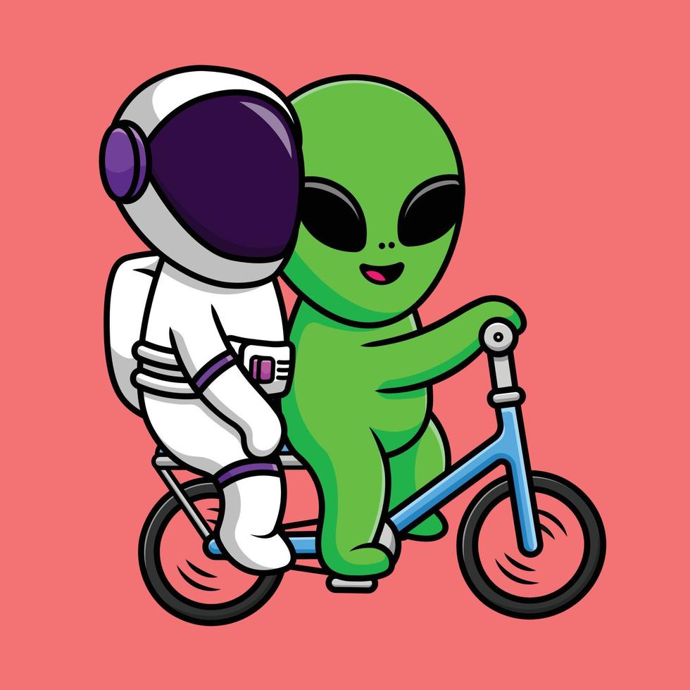 lindo alienígena y astronauta montando bicicleta caricatura vector icono ilustración. ciencia deporte icono concepto aislado vector premium.