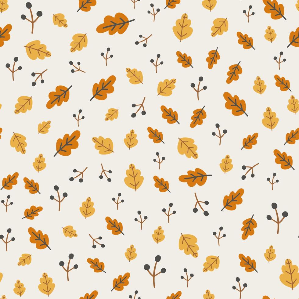 Seamless pattern with autumn leaves and berries. Colorful repeating background with oak leaves for wrapping paper. Flat vector cartoon illustration of bright fall foliage.