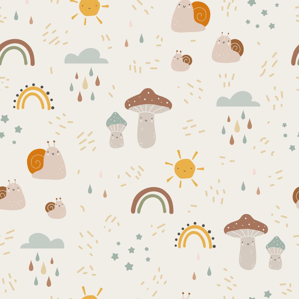 Seamless pattern with hand drawn colourful mushrooms and snail. Autumn cute digital paper. Creative childish pattern. Vector illustration.