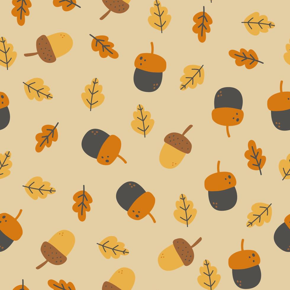 patrón sin costuras con hojas de otoño y bayas. fondo repetitivo colorido con hojas de roble y bellotas para papel de regalo. ilustración de dibujos animados de vector plano de follaje de otoño brillante.