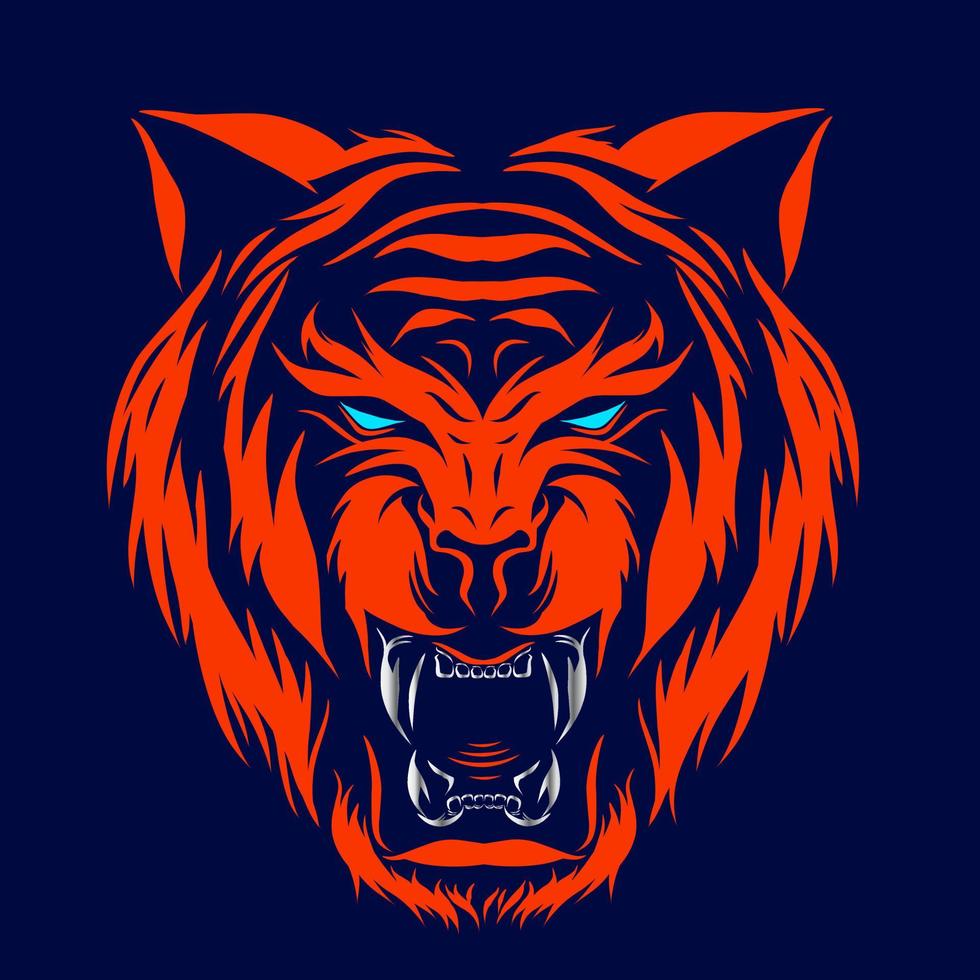 Tiger hunter head vector silhouette line pop art potrait logo colorful design with dark background. Abstract vector illustration. Isolated black background for t-shirt, poster, clothing.