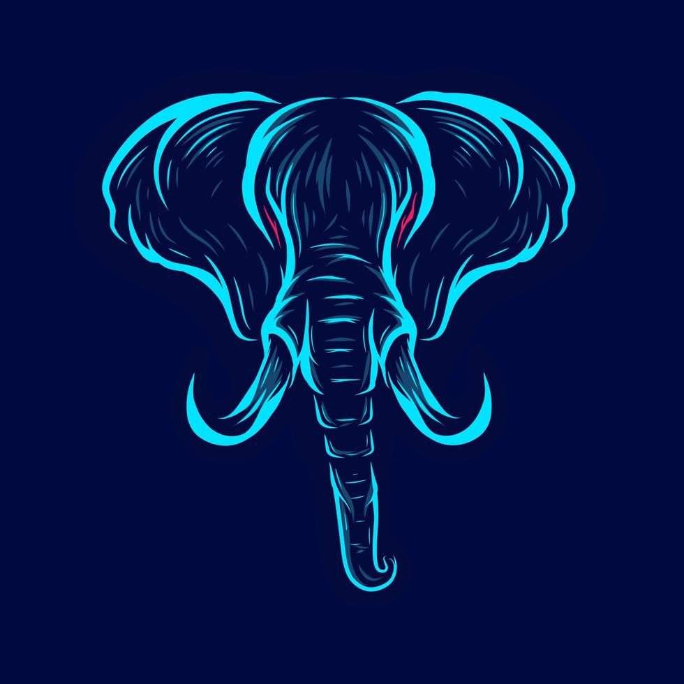 Elephant art logo vector. Animal neon design with dark background