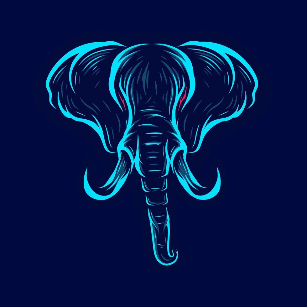 Elephant art logo vector. Animal neon design with dark background. Abstract graphic illustration. Isolated black background for t-shirt, poster, clothing, merch, apparel, badge design vector