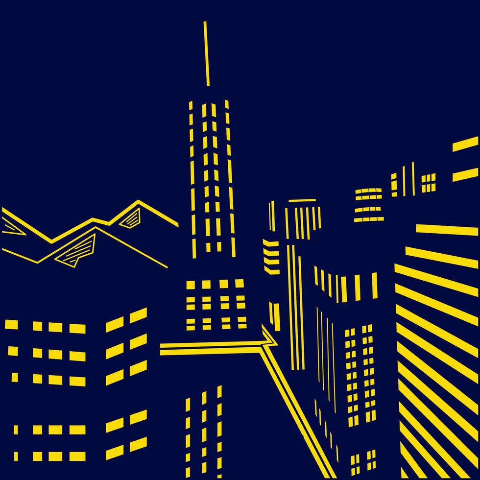 City town night lights line art design skyline with buildings, towers. Cityscape glowing neon, architecture vector illustration.