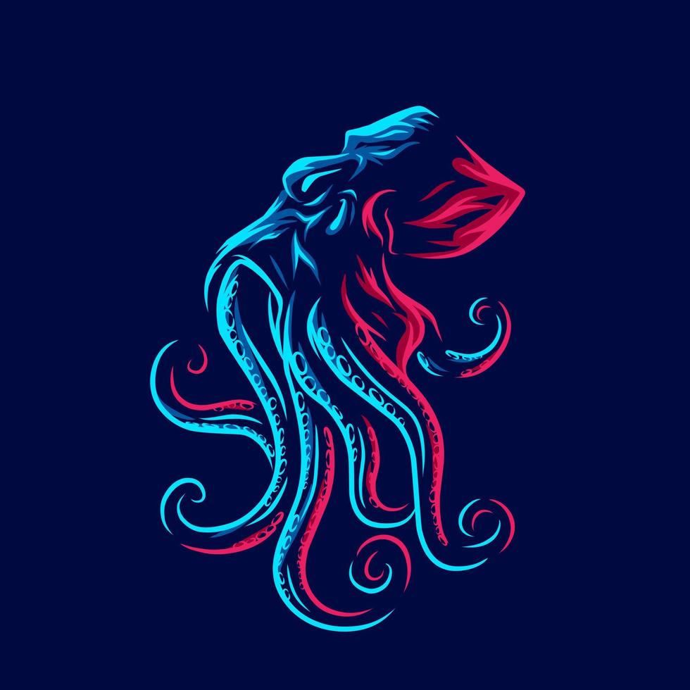 línea de pulpo. logotipo de arte pop. diseño colorido con fondo oscuro. ilustración vectorial abstracta. fondo negro aislado para camiseta, afiche, ropa, merchandising, ropa, diseño de placa vector