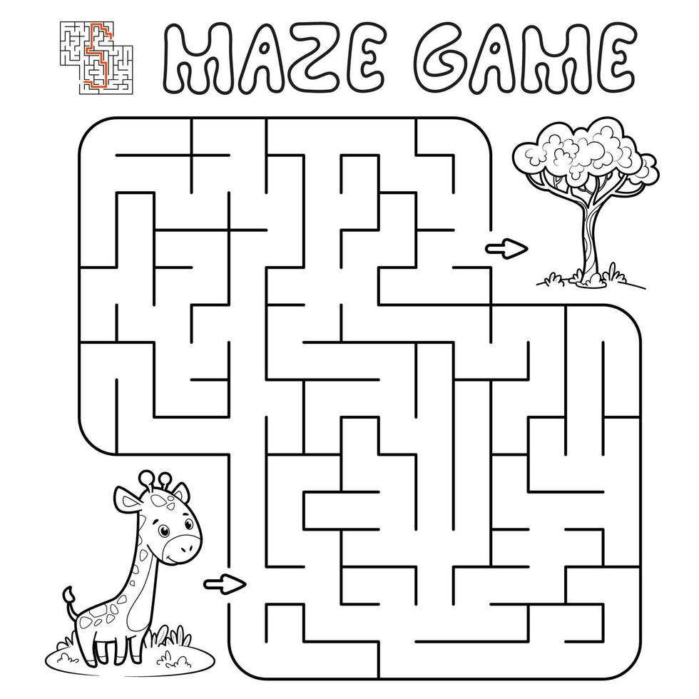 Maze puzzle game for children. Outline maze or labyrinth game with giraffe. vector