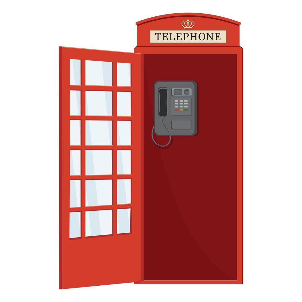 cabina telefónica roja con puerta abierta, ilustración de estilo de dibujos animados aislada de vector de color