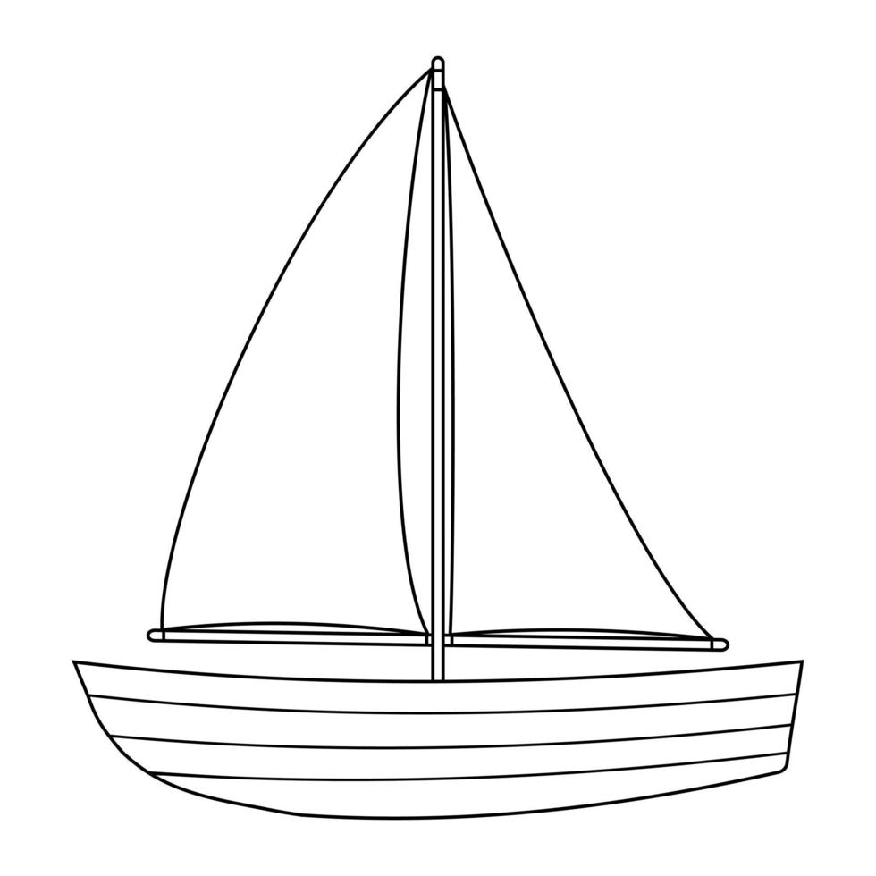 Wooden boat with sail black outline doodle, vector illustration on white background.