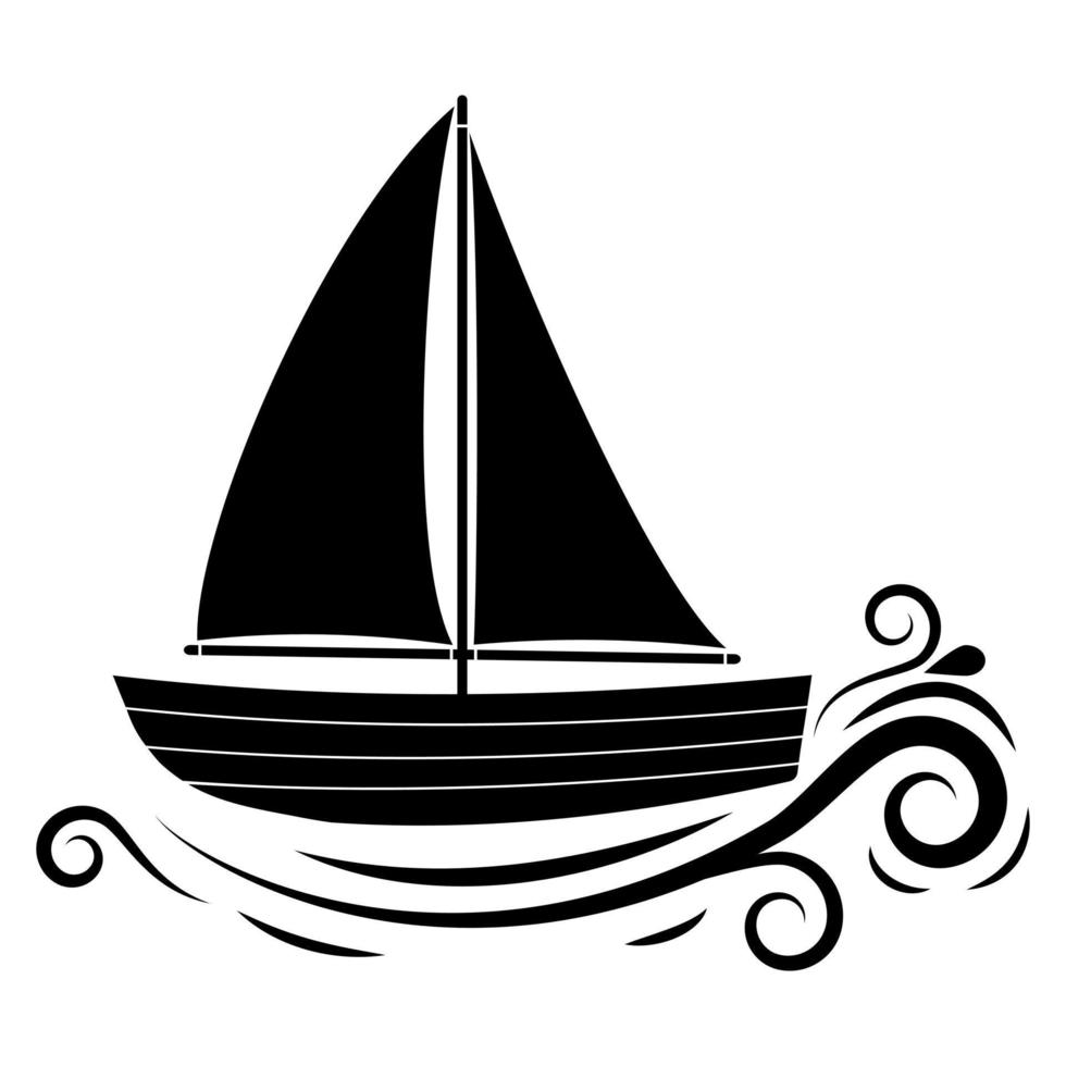 Wooden boat with sail stencil icon, vector illustration on white background.