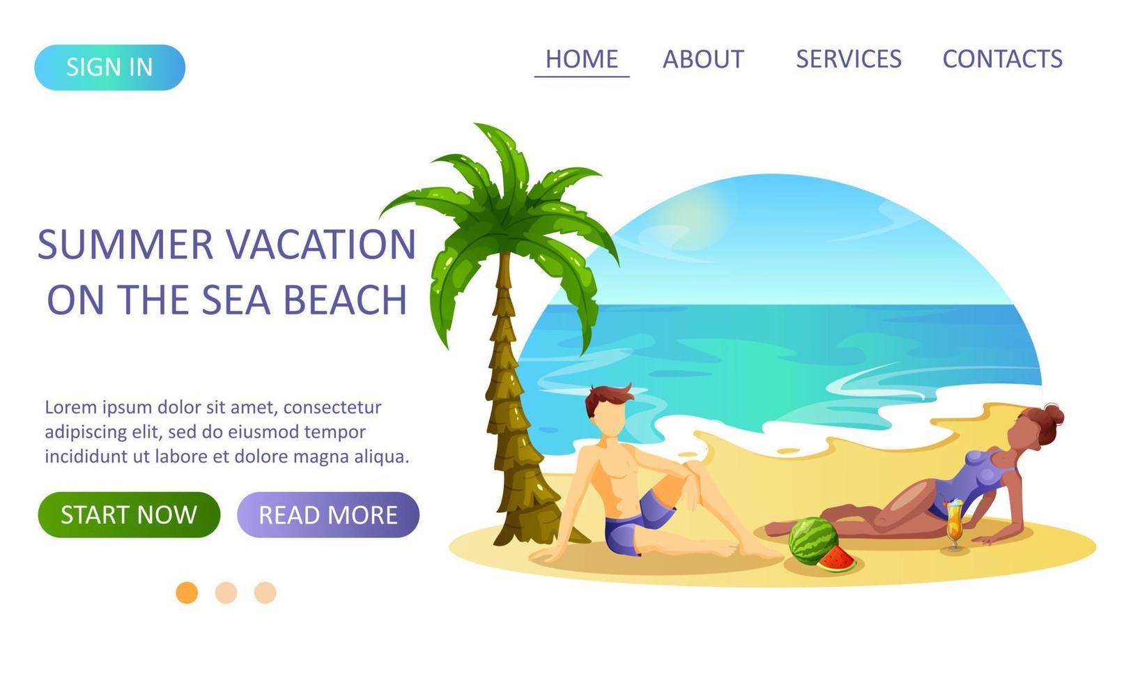 Website design with a man and a woman resting on the seashore. vector