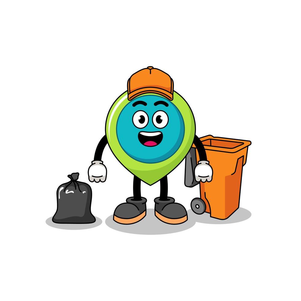 ilustración de la caricatura del símbolo de ubicación como recolector de basura vector