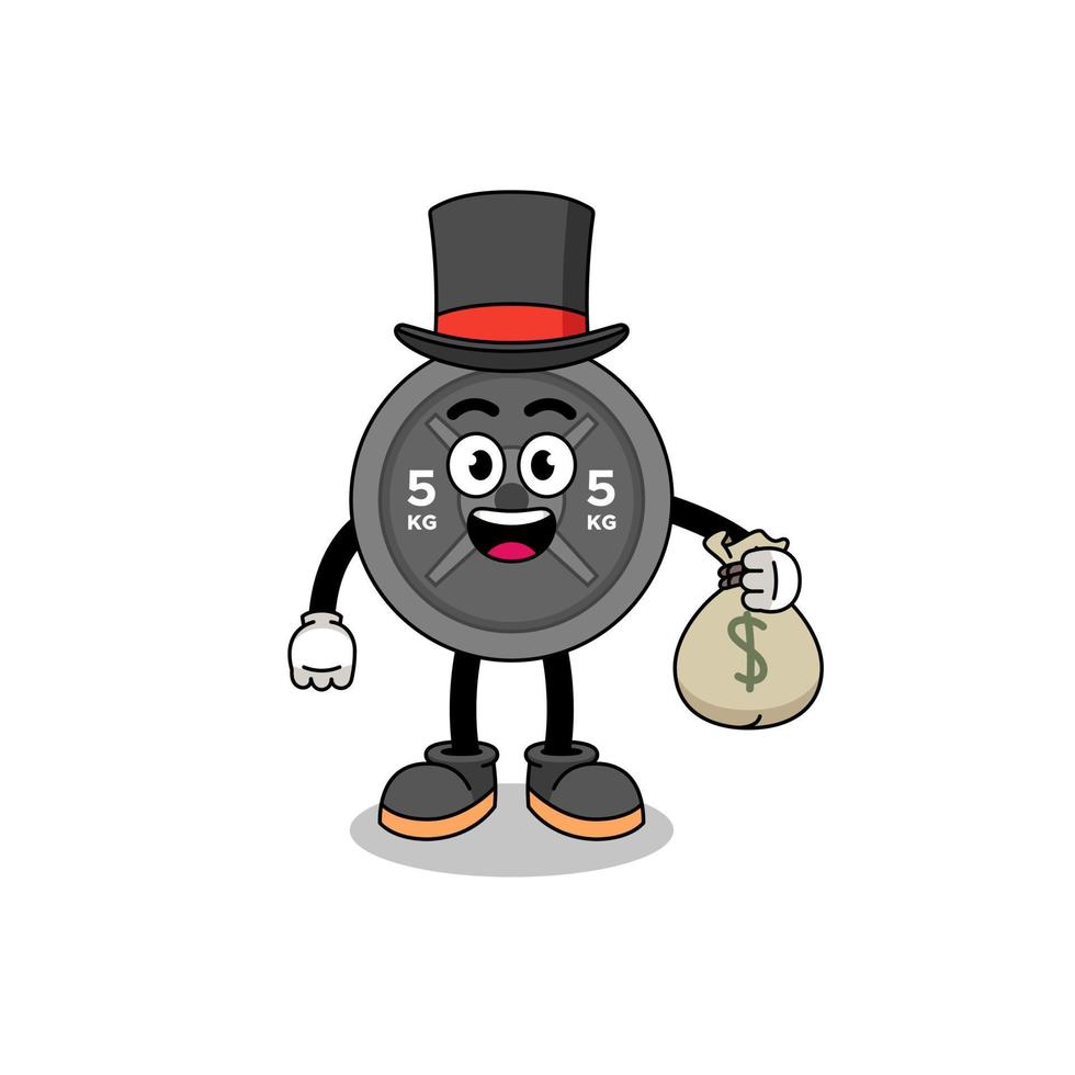 barbell plate mascot illustration rich man holding a money sack vector