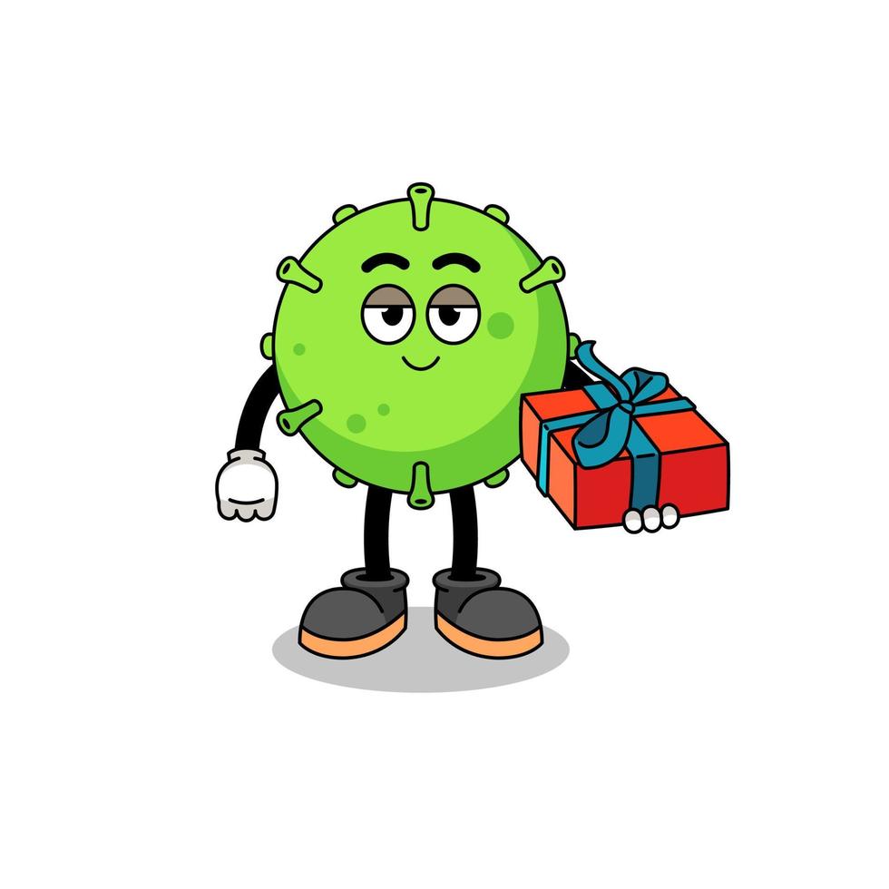 ilustración de mascota de virus dando un regalo vector