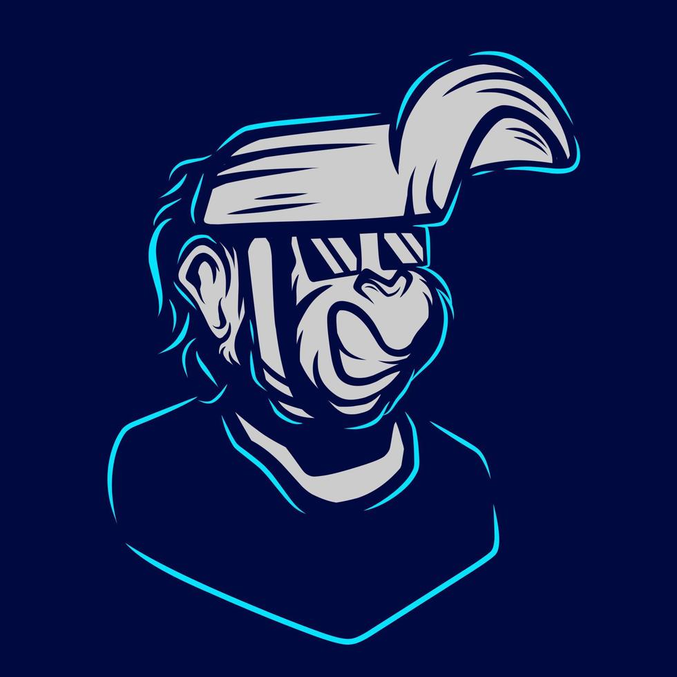 Funny funky monkey Line. Pop Art logo. Colorful welder ape welding design with dark background. Abstract vector illustration. Isolated black background for t-shirt, poster, clothing, merch, apparel.