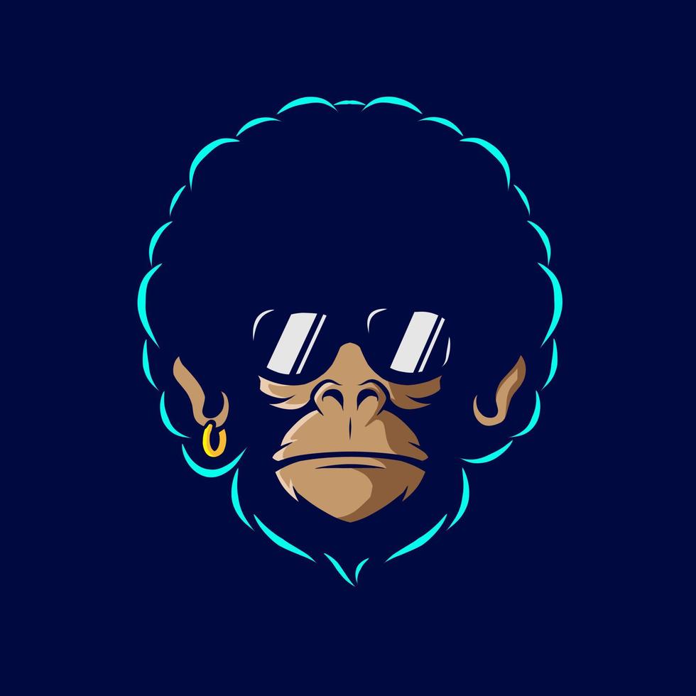 divertido vector de logotipo de mono funky. diseño de arte de neón de mono afro con fondo oscuro. ilustración gráfica abstracta. fondo negro aislado para camiseta, afiche, ropa, merchandising, ropa, diseño de placa