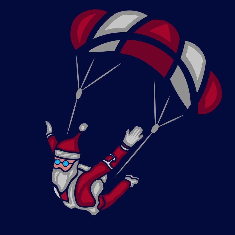 Skydive santa claus art logo. Colorful design with dark background. Abstract vector illustration. Isolated with navy background for t-shirt, poster, clothing, merch, apparel.
