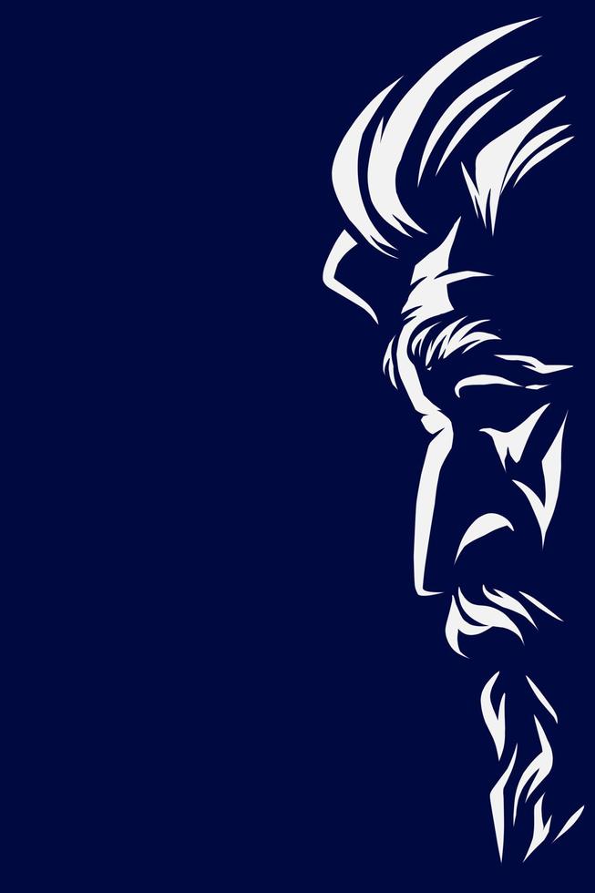 Old man bearded line art logo. Colorful design with dark background. Abstract vector illustration. Isolated with navy background for t-shirt, poster, clothing, merch, apparel.