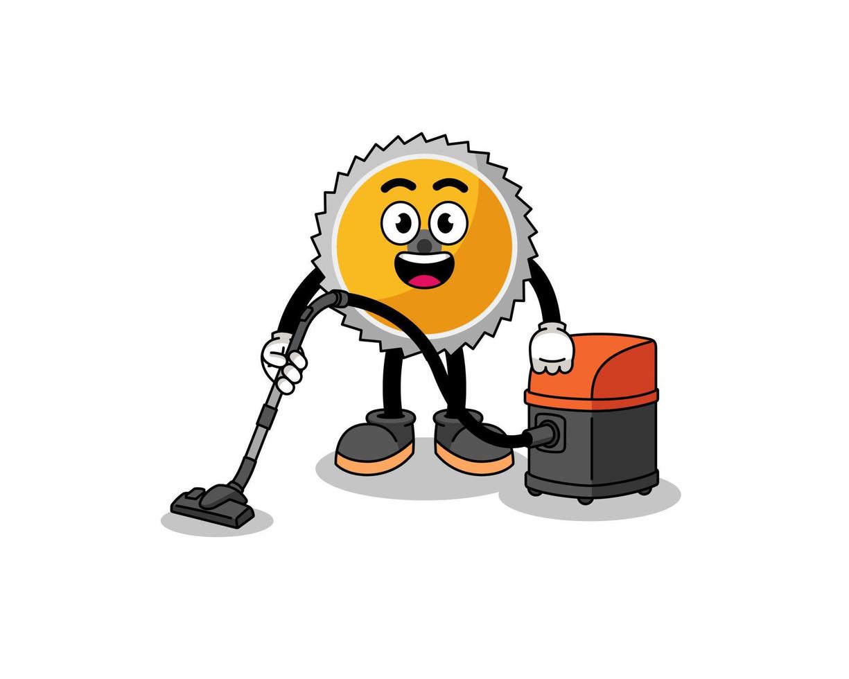 Character mascot of saw blade holding vacuum cleaner vector