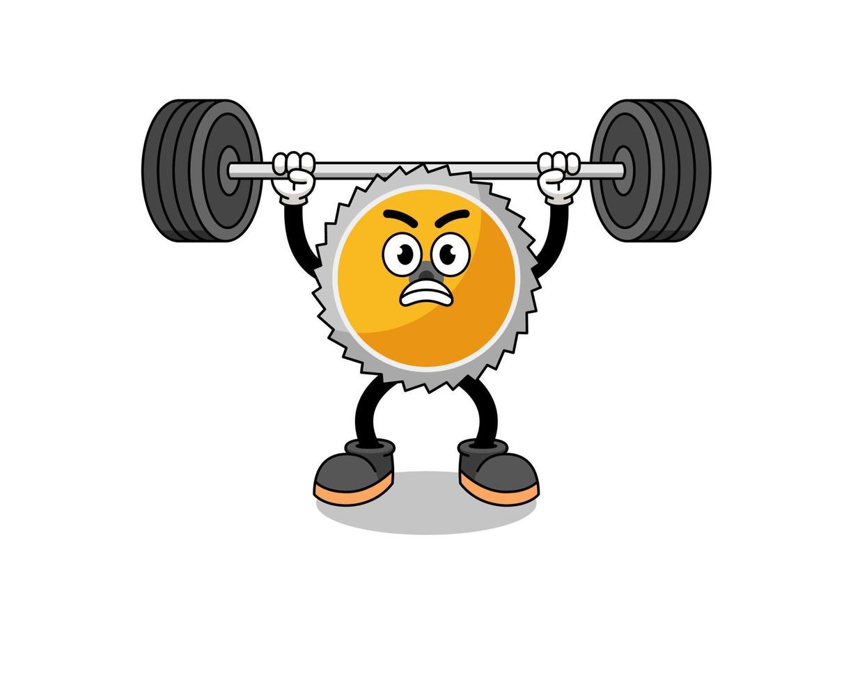 saw blade mascot cartoon lifting a barbell vector